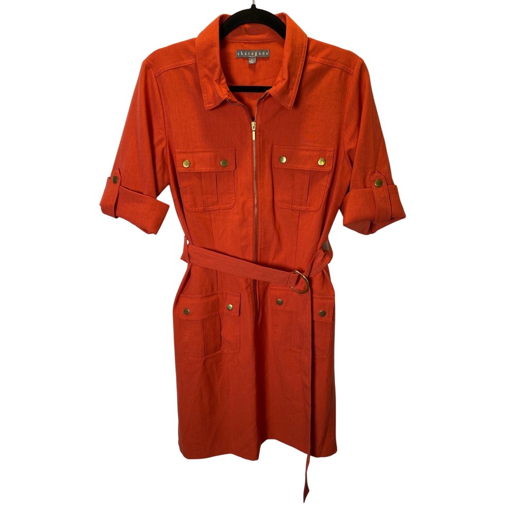 Sharagano Utility Shirt Dress Women 8 Orange Belted Zip Front Safari Military